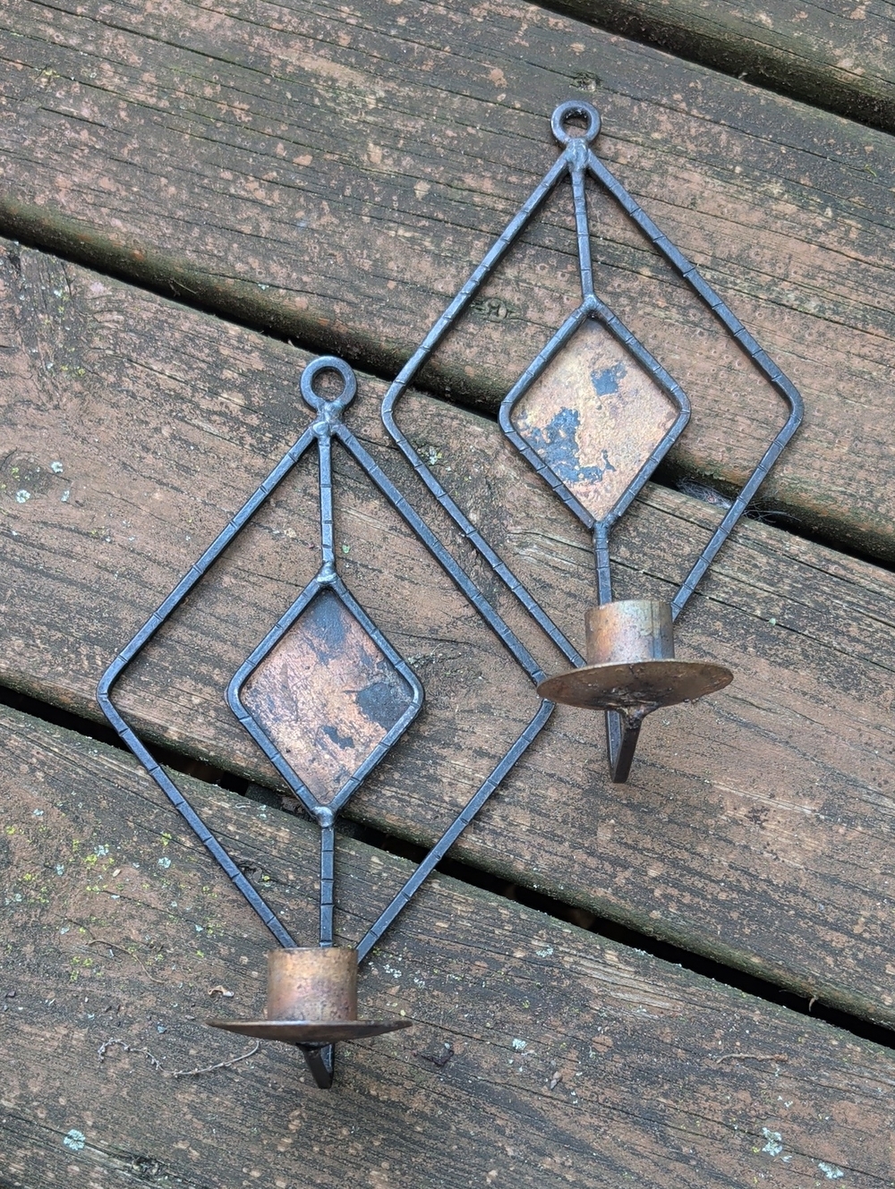 Vintage Geometric Iron Wall Candle Sconces - Black & Copper